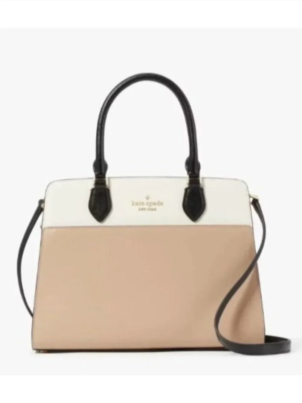 Kate Spade Womens Cream Tan Black Leather Madison Top Zip Medium Satchel